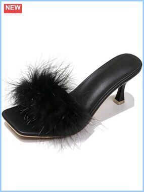 Faux Leather Feather Slide Sandals Kitten Heel Party Prom